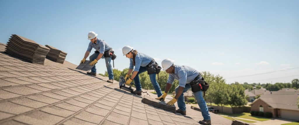 Replacing old shingles on a residential roof in Oklahoma